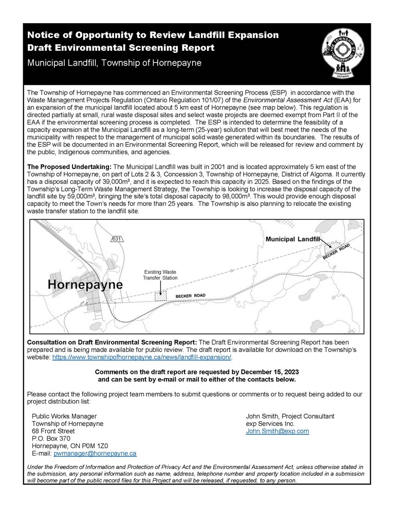 Notice of Opportunity to Review Landfill Expansion Draft Environmental Screening Report Notice